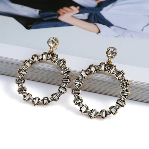 3/$35 Gold Large Dangle Drop Earrings Stainless Steel Diamond Rhinestone - Picture 5 of 7